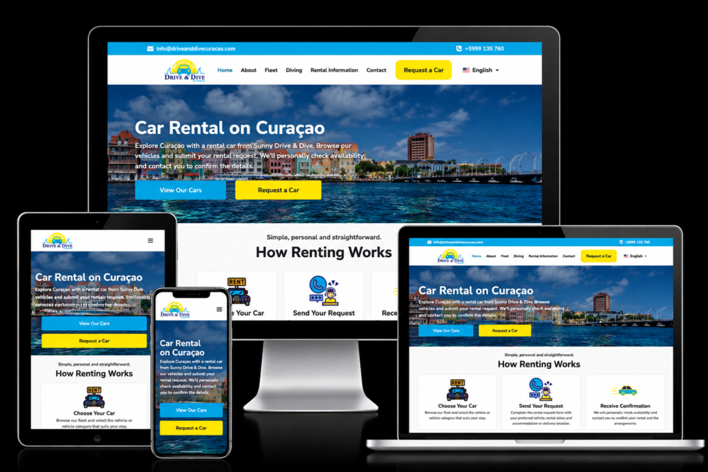 Drive & Dive Curaçao website mockup displayed on desktop, laptop, tablet and smartphone